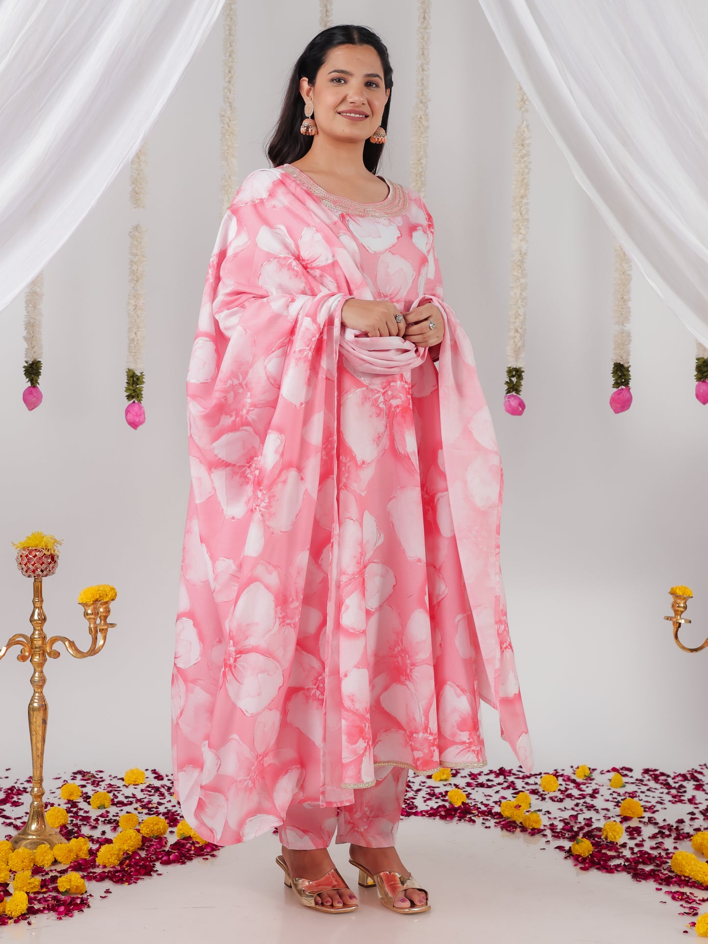 Embroidered Roman silk Floral Anarkali Pink Kurta