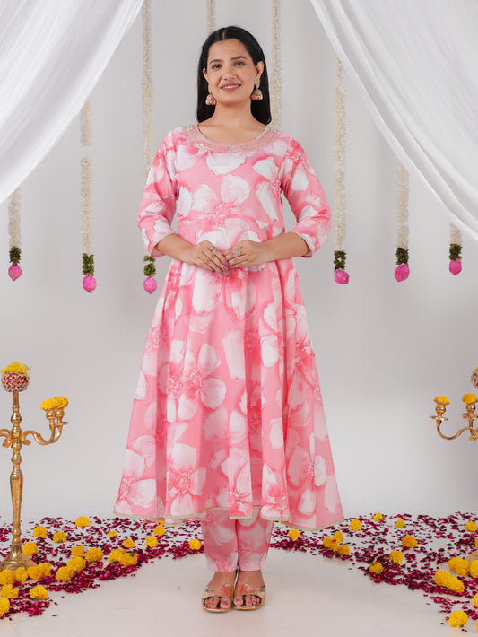 Embroidered Roman silk Floral Anarkali Pink Kurta