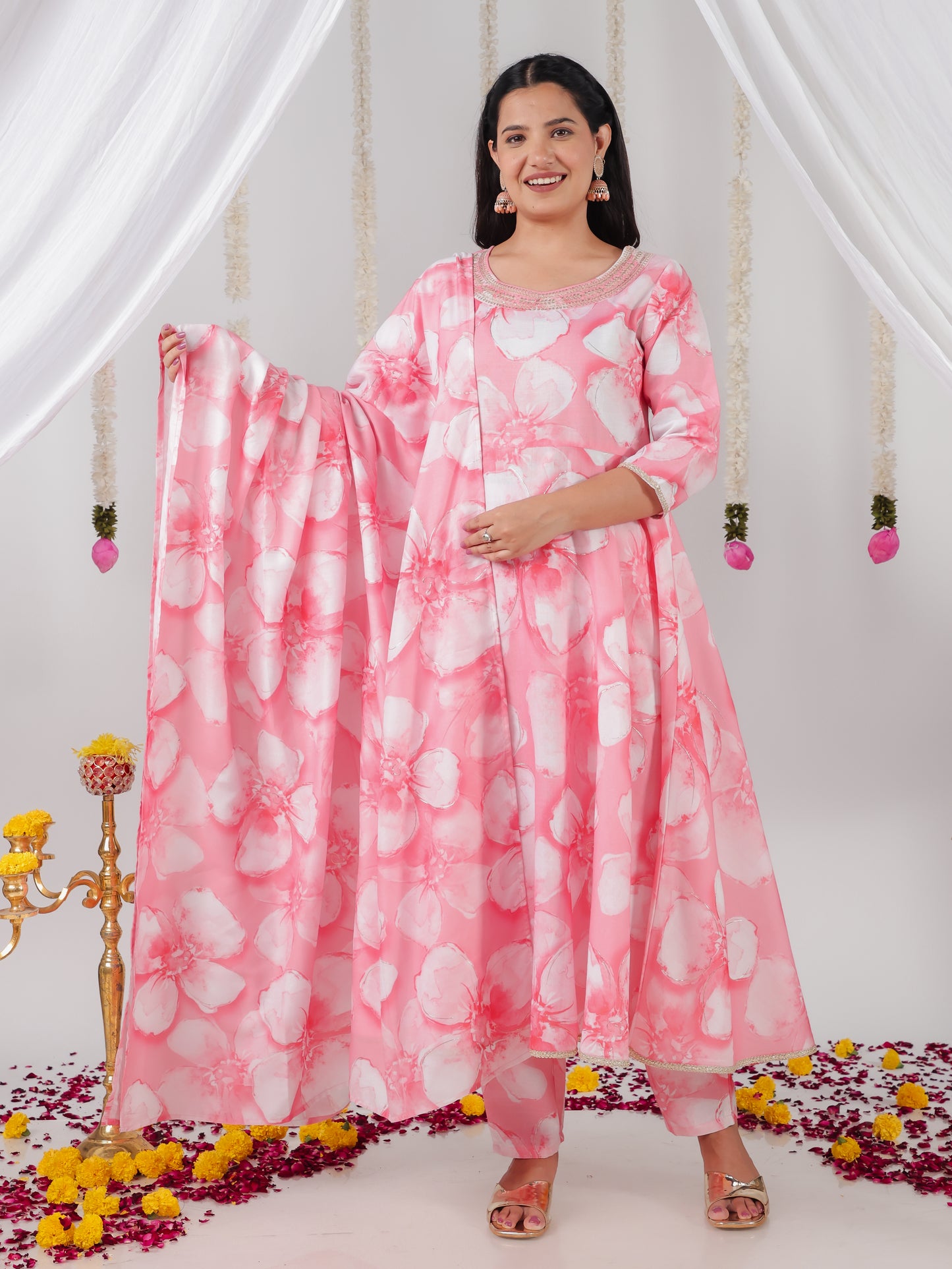 Embroidered Roman silk Floral Anarkali Pink Kurta