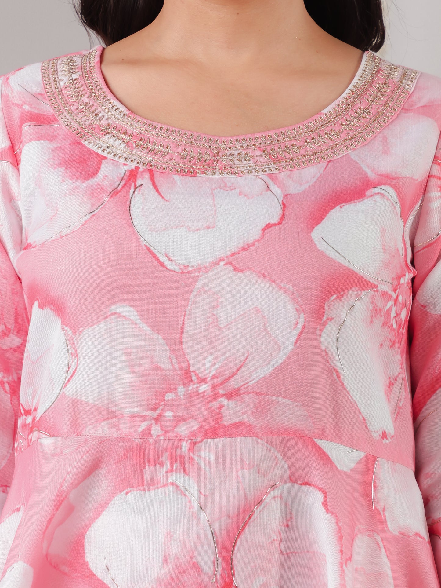 Embroidered Roman silk Floral Anarkali Pink Kurta
