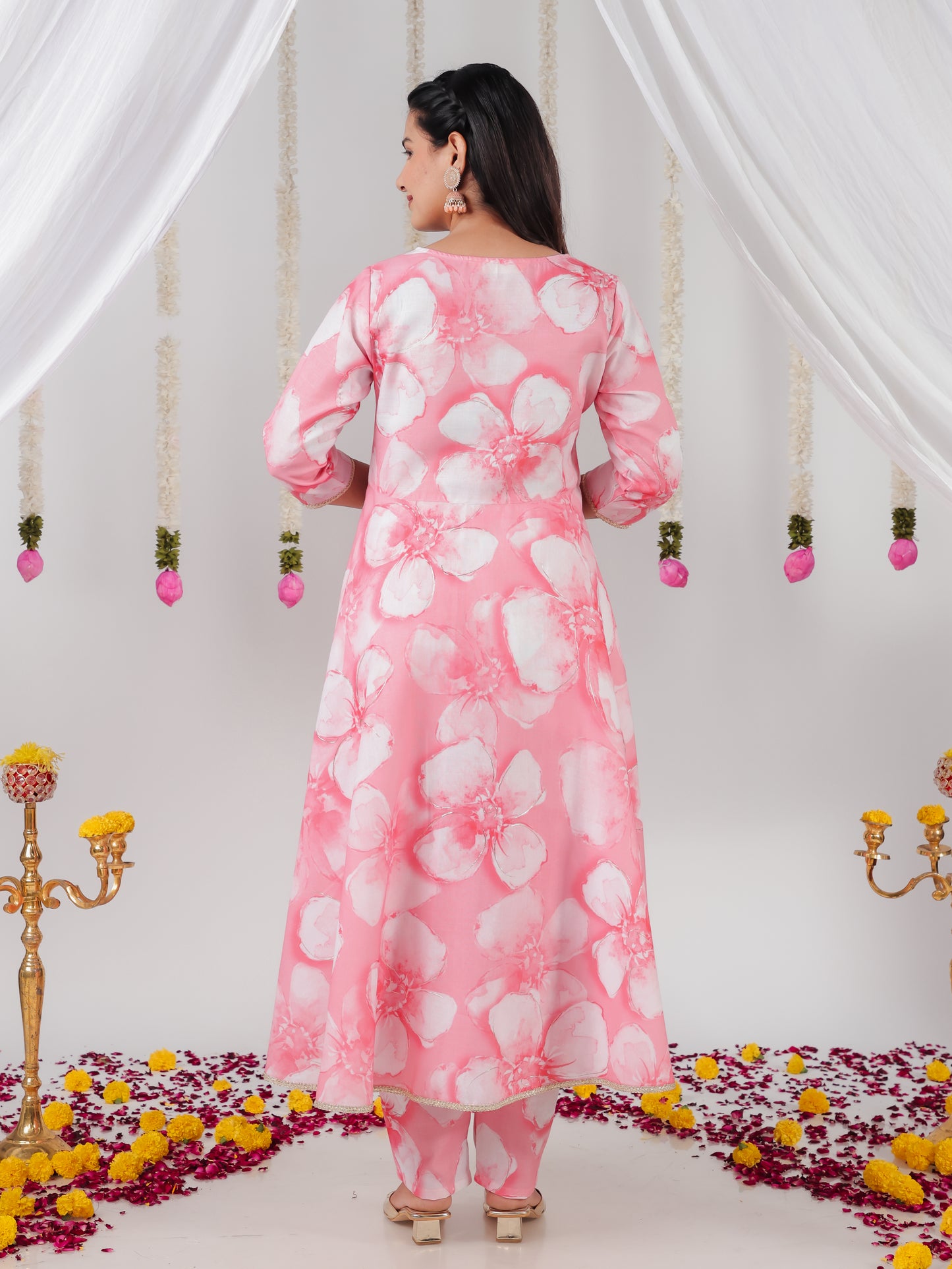 Embroidered Roman silk Floral Anarkali Pink Kurta