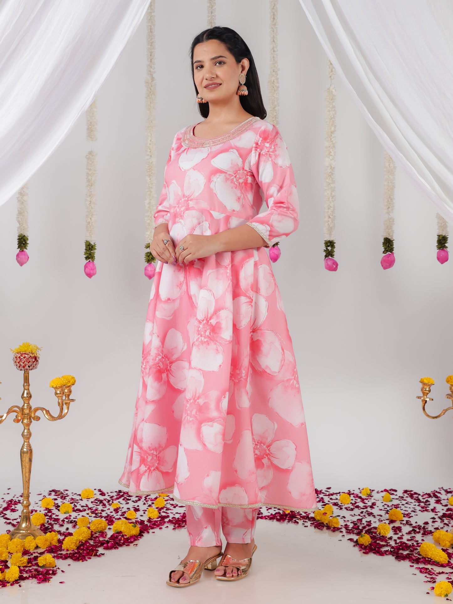 Embroidered Roman silk Floral Anarkali Pink Kurta