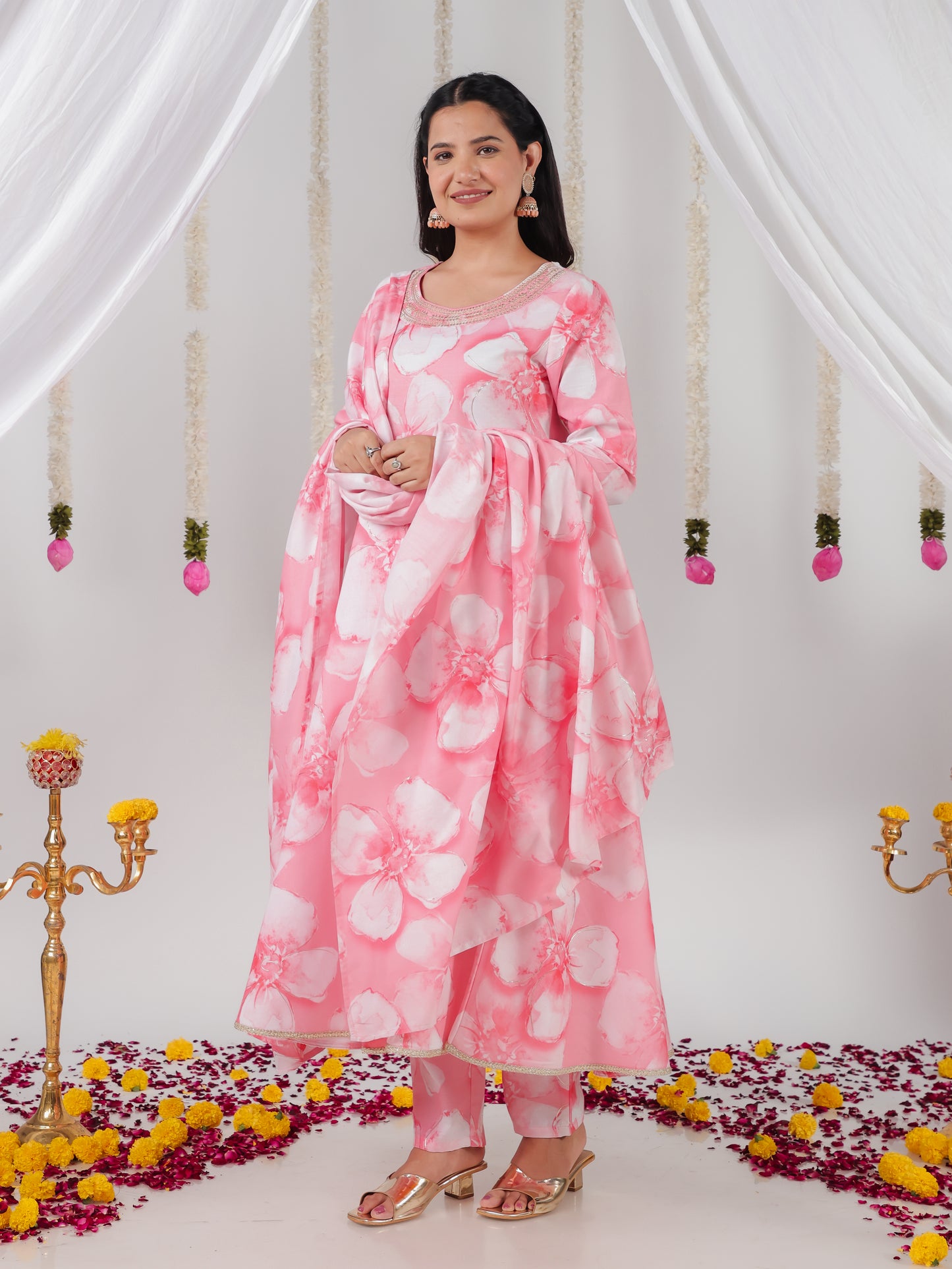 Embroidered Roman silk Floral Anarkali Pink Kurta