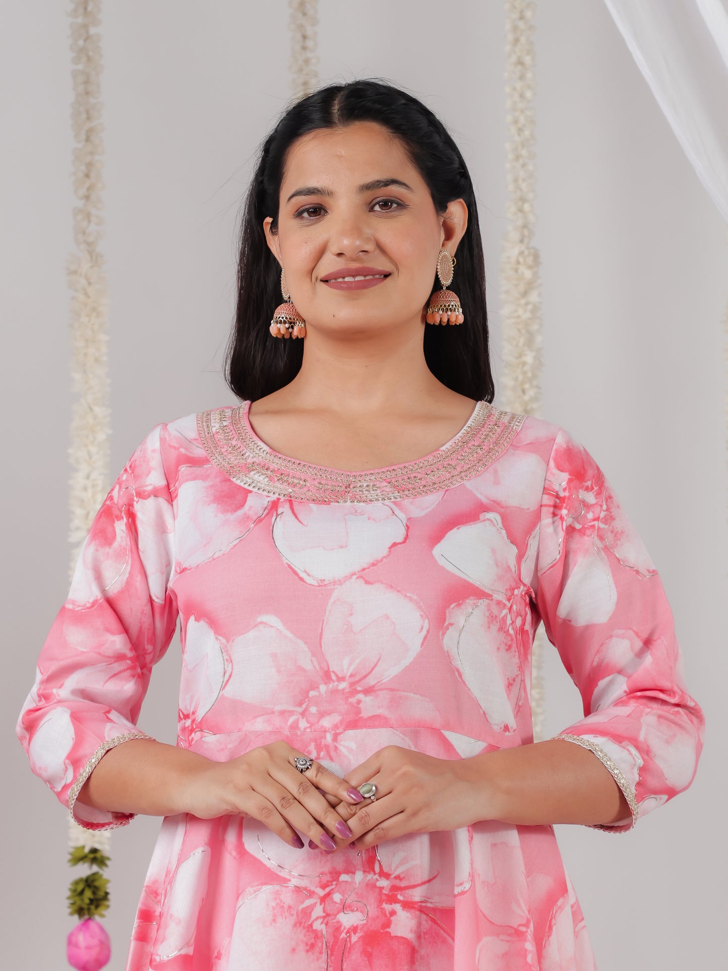 Embroidered Roman silk Floral Anarkali Pink Kurta
