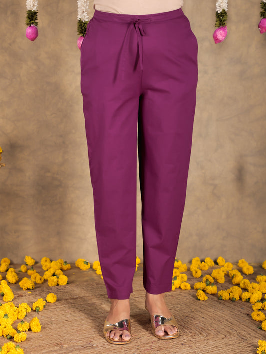 Soft Cotton Solid Purple Tapered Trousers