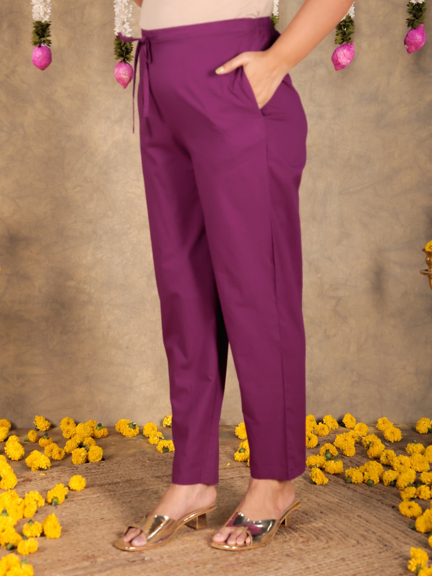 Soft Cotton Solid Purple Tapered Trousers