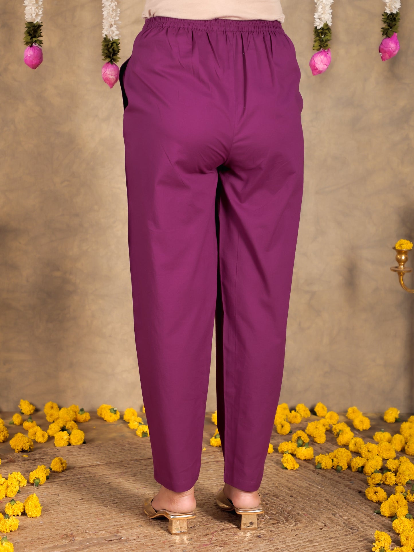 Soft Cotton Solid Purple Tapered Trousers