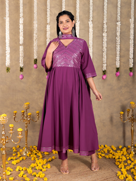 Embroidered Soft Cotton Solid Flared Purple Kurta