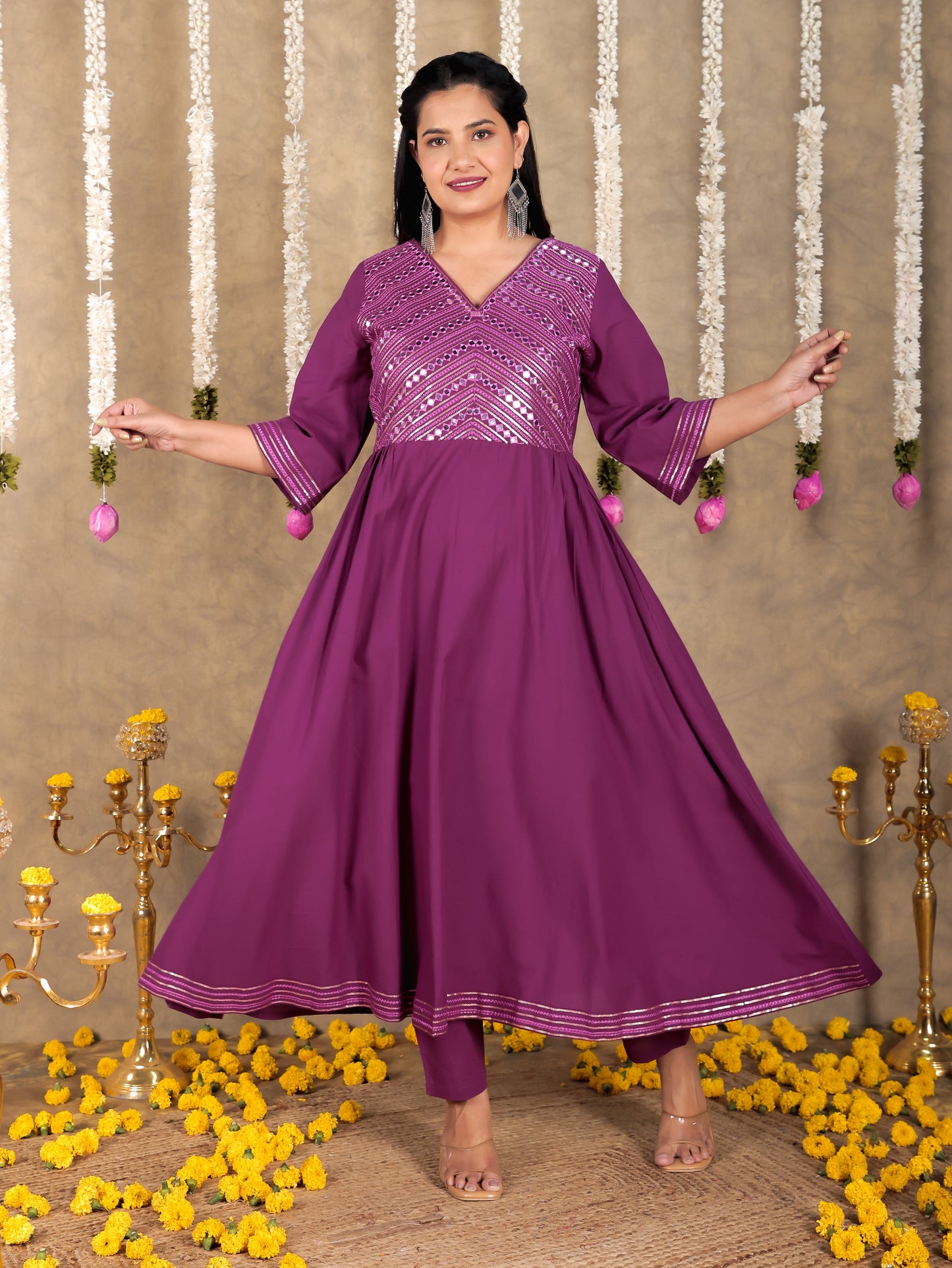 Embroidered Soft Cotton Solid Flared Purple Kurta