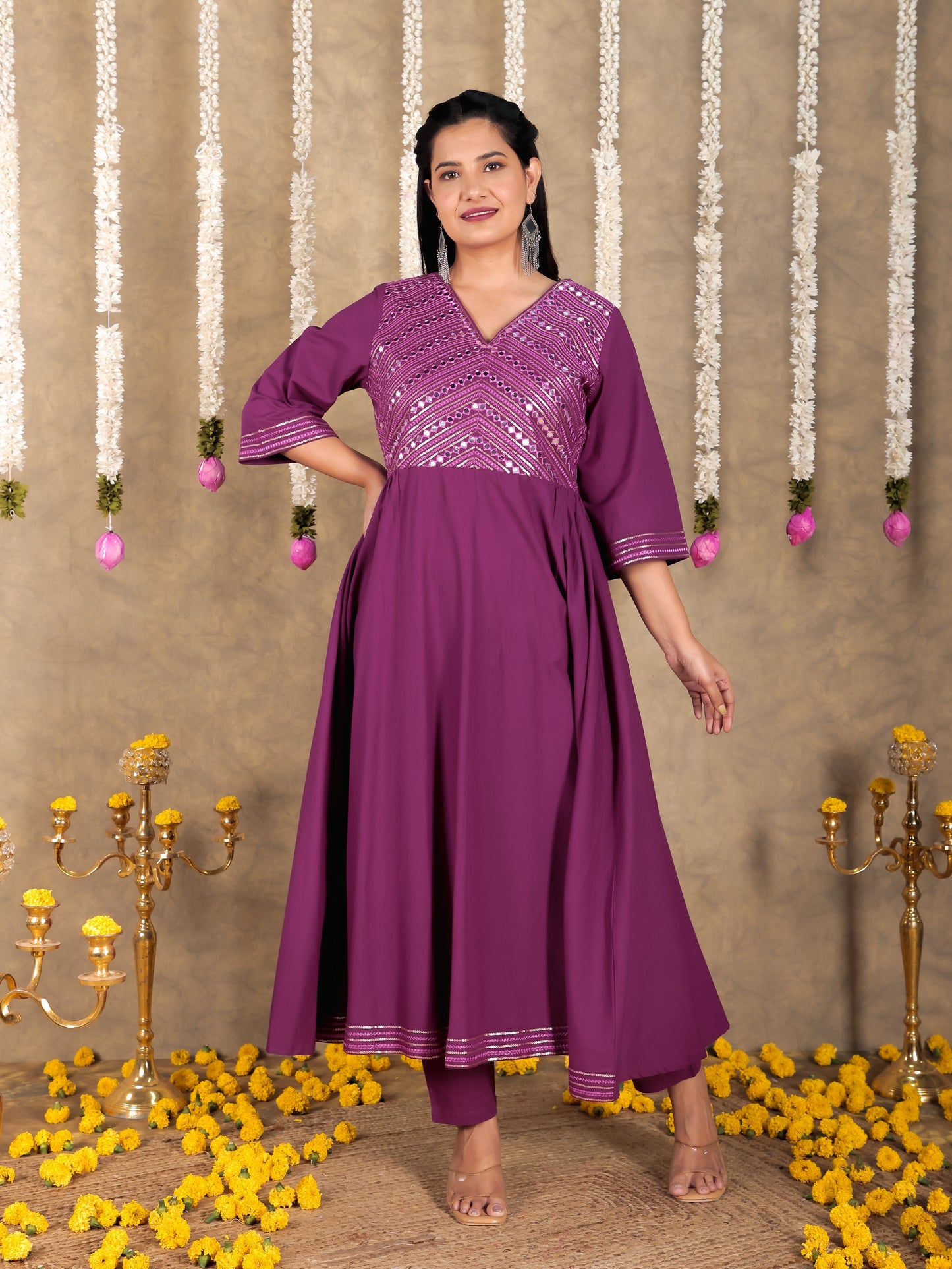 Embroidered Soft Cotton Solid Flared Purple Kurta