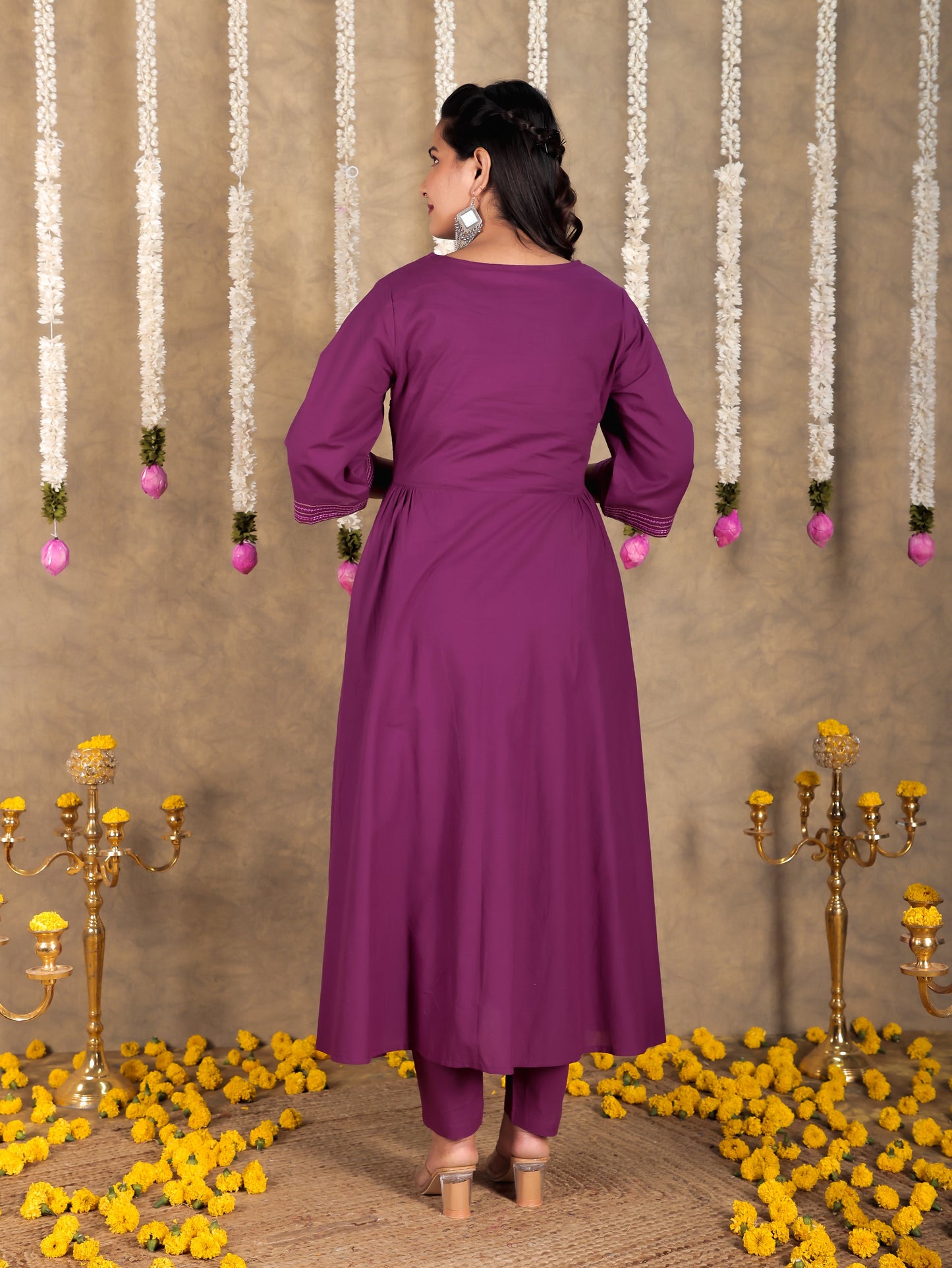 Embroidered Soft Cotton Solid Flared Purple Kurta