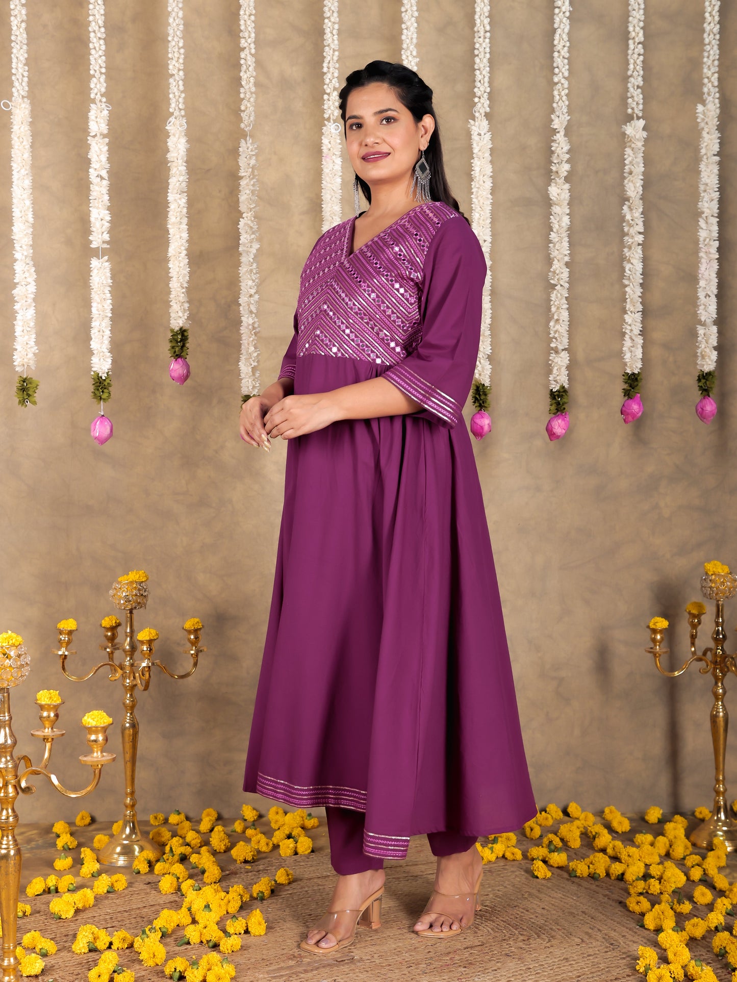 Embroidered Soft Cotton Solid Flared Purple Kurta
