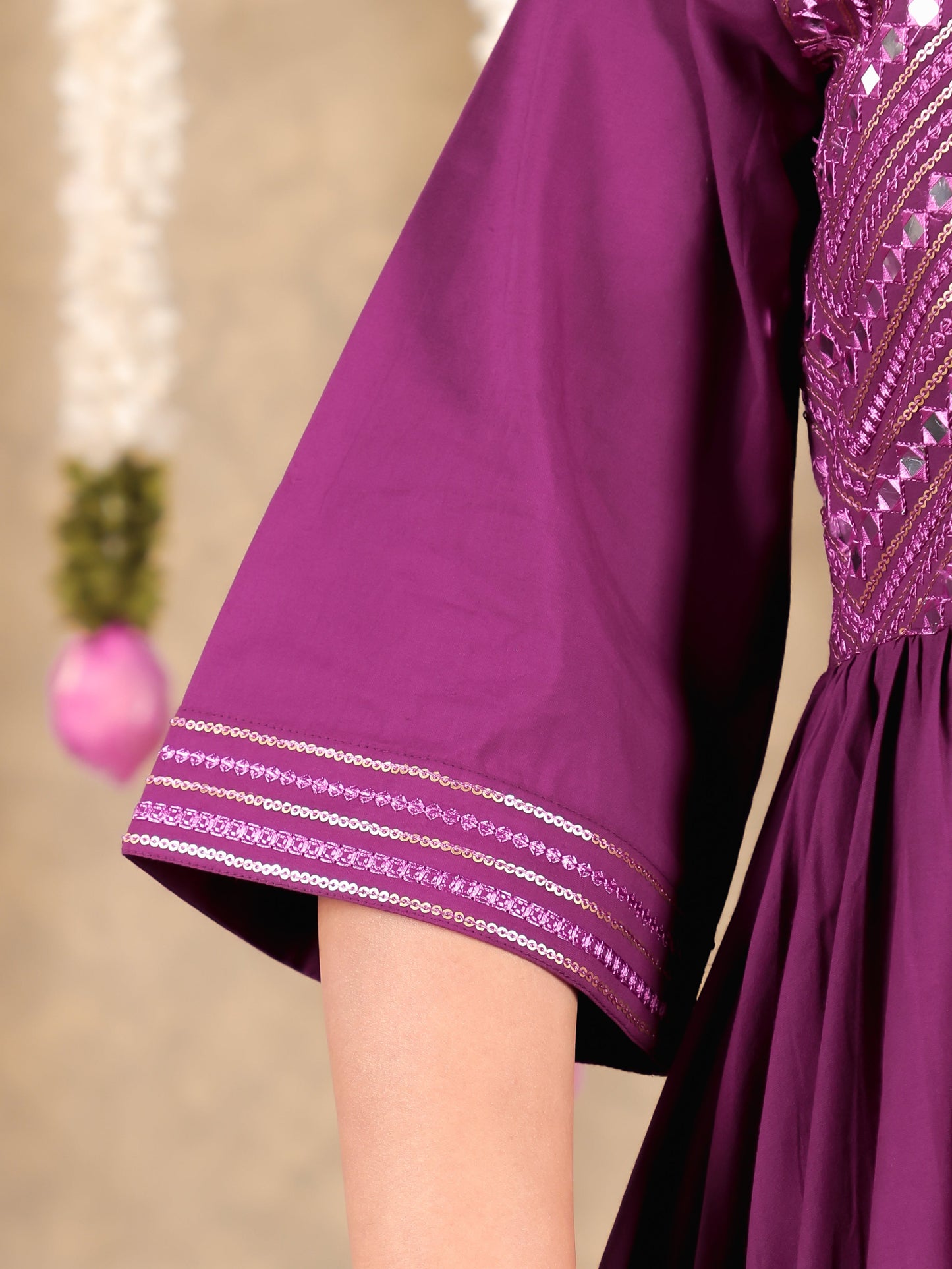 Embroidered Soft Cotton Solid Flared Purple Kurta