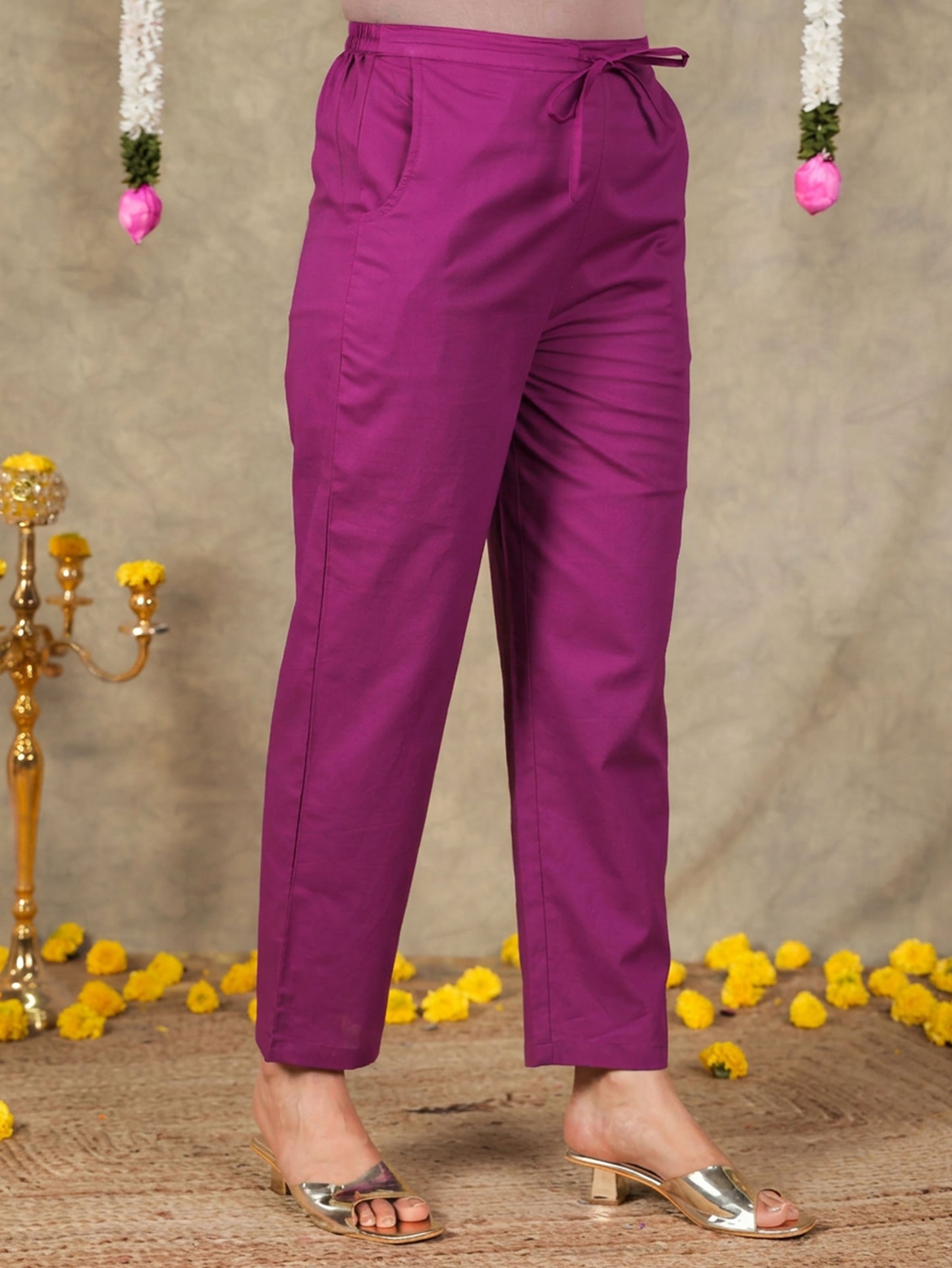 Soft Cotton Solid Purple Tapered Trousers