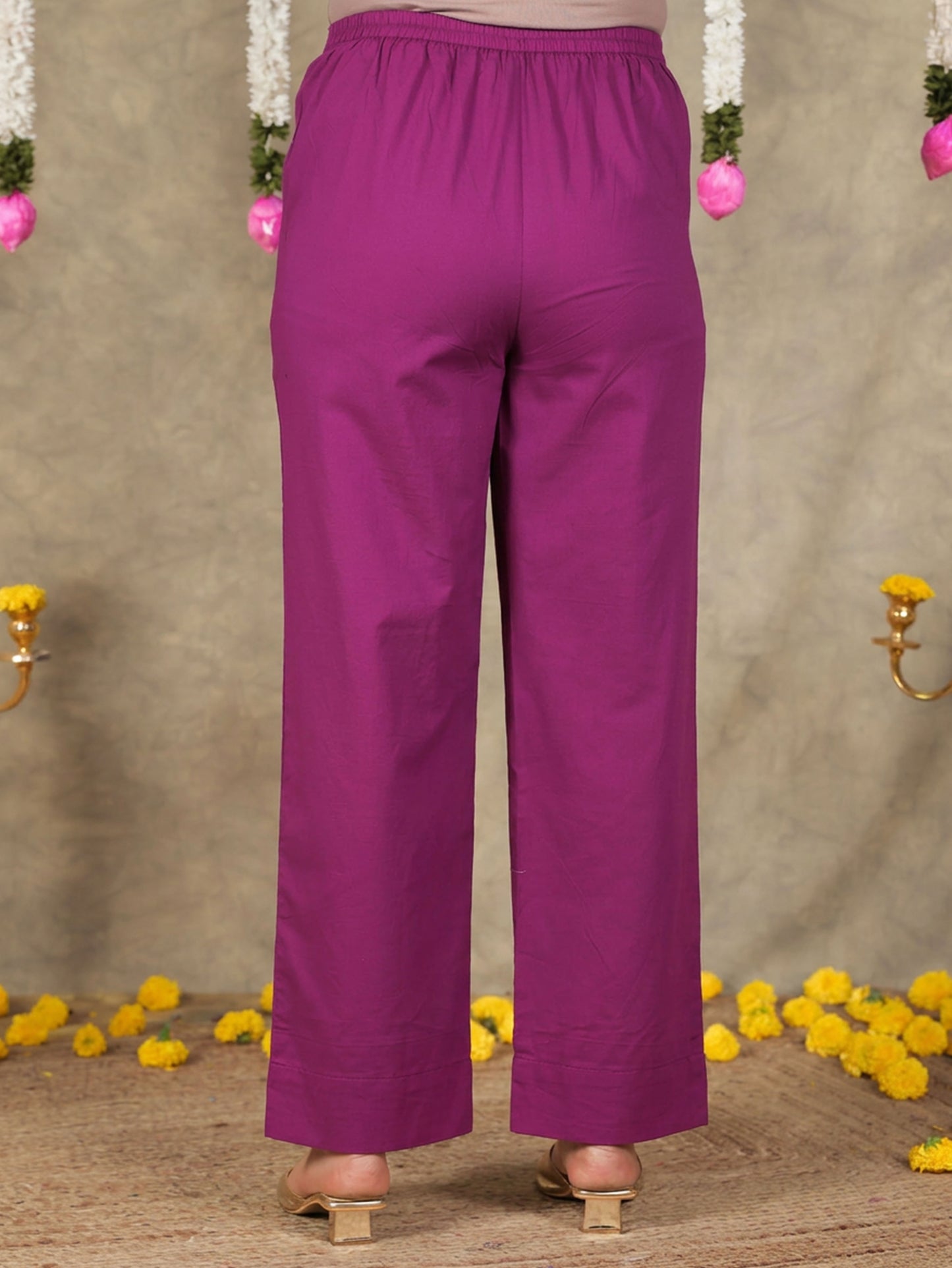 Soft Cotton Solid Purple Tapered Trousers