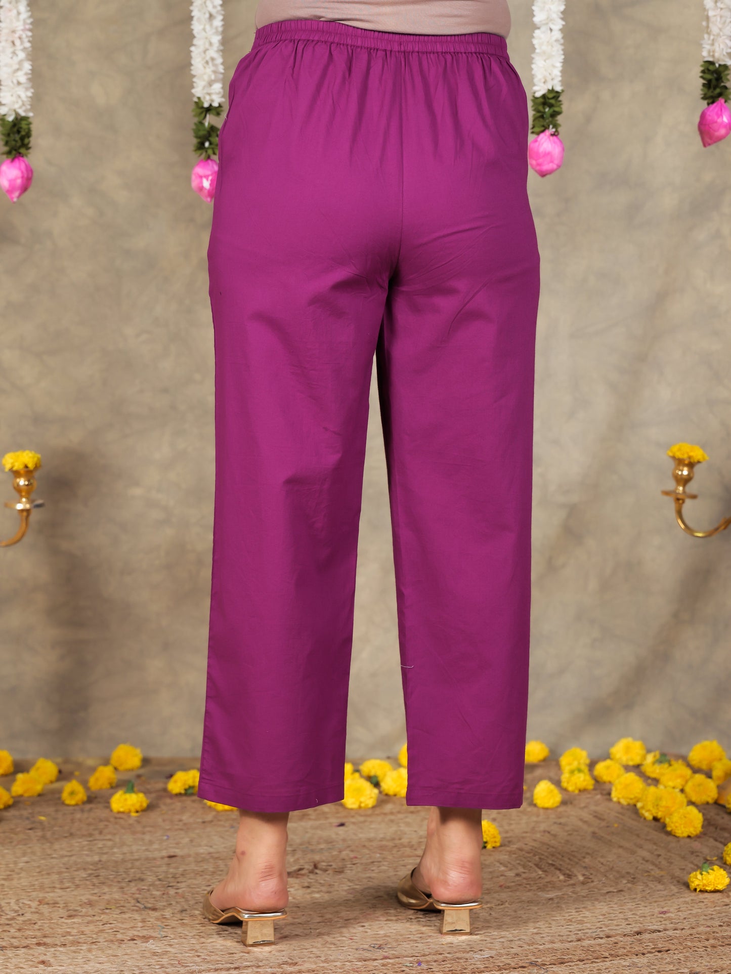 Embroidered Soft Cotton Solid Purple Tapered Trousers