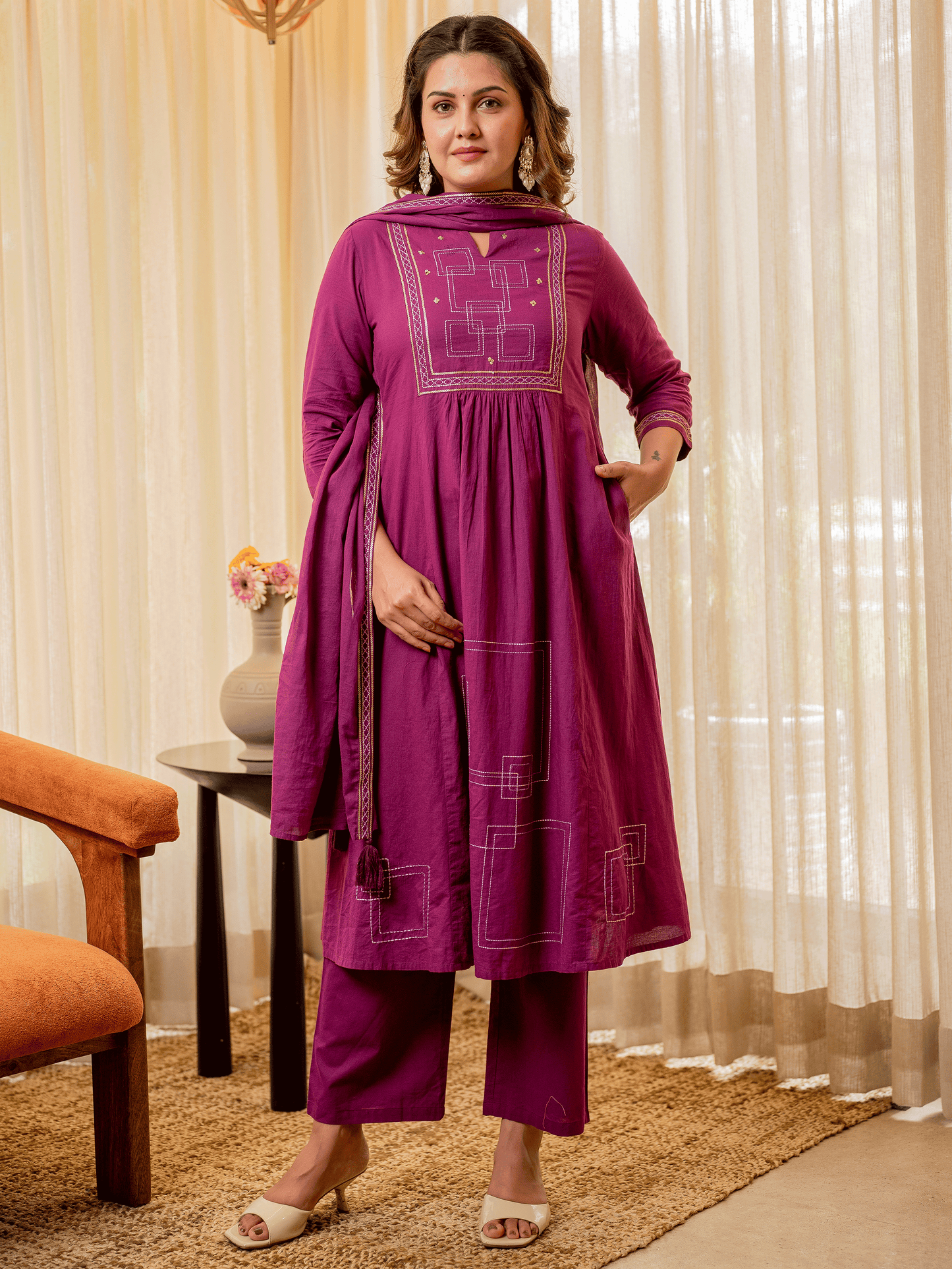 Embroidered Cotton Voile Solid Purple Dupatta