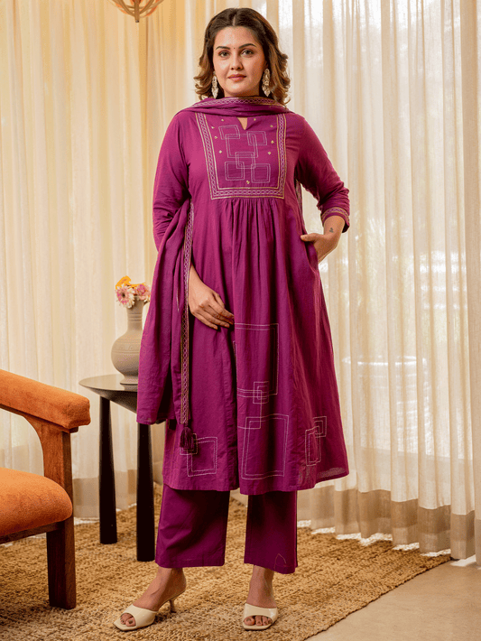 Embroidered Cotton Voile Solid Purple Dupatta