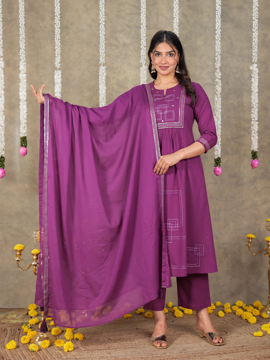 Embroidered Cotton Voile Solid Purple Dupatta
