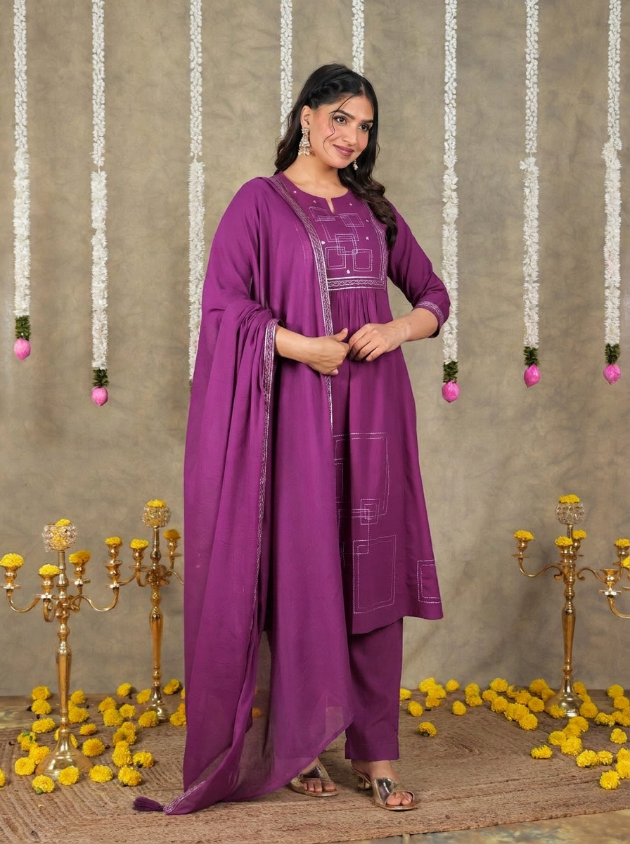 Embroidered Cotton Voile Solid Purple Dupatta