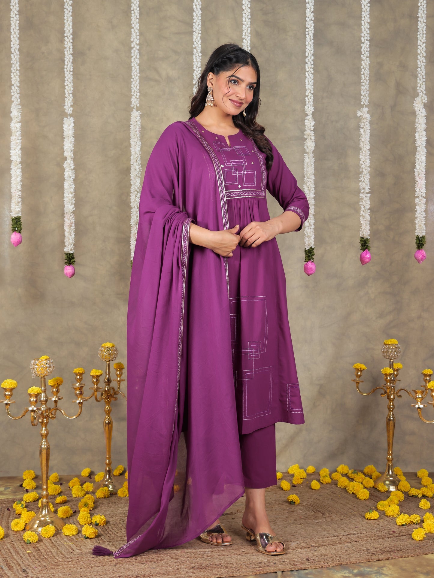 Embroidered Cotton Voile Solid Purple Dupatta