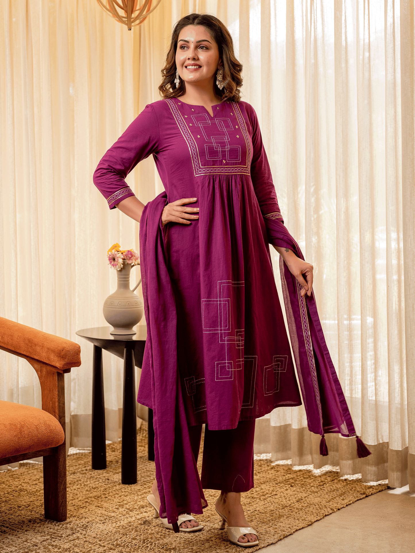 Embroidered Cotton Voile Solid Purple Dupatta