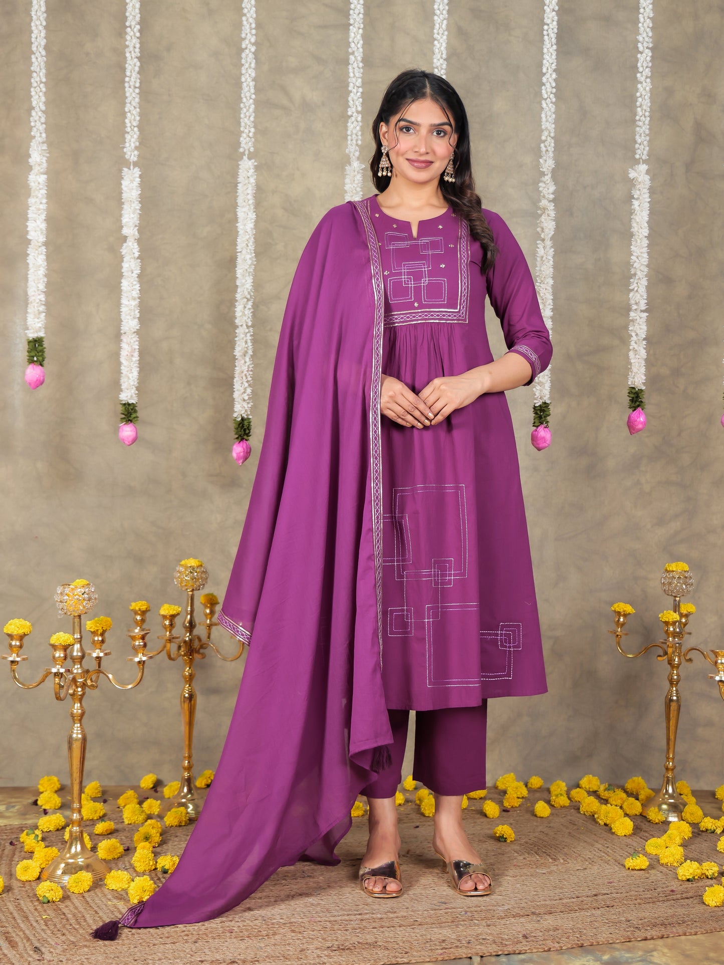 Embroidered Cotton Voile Solid Purple Dupatta