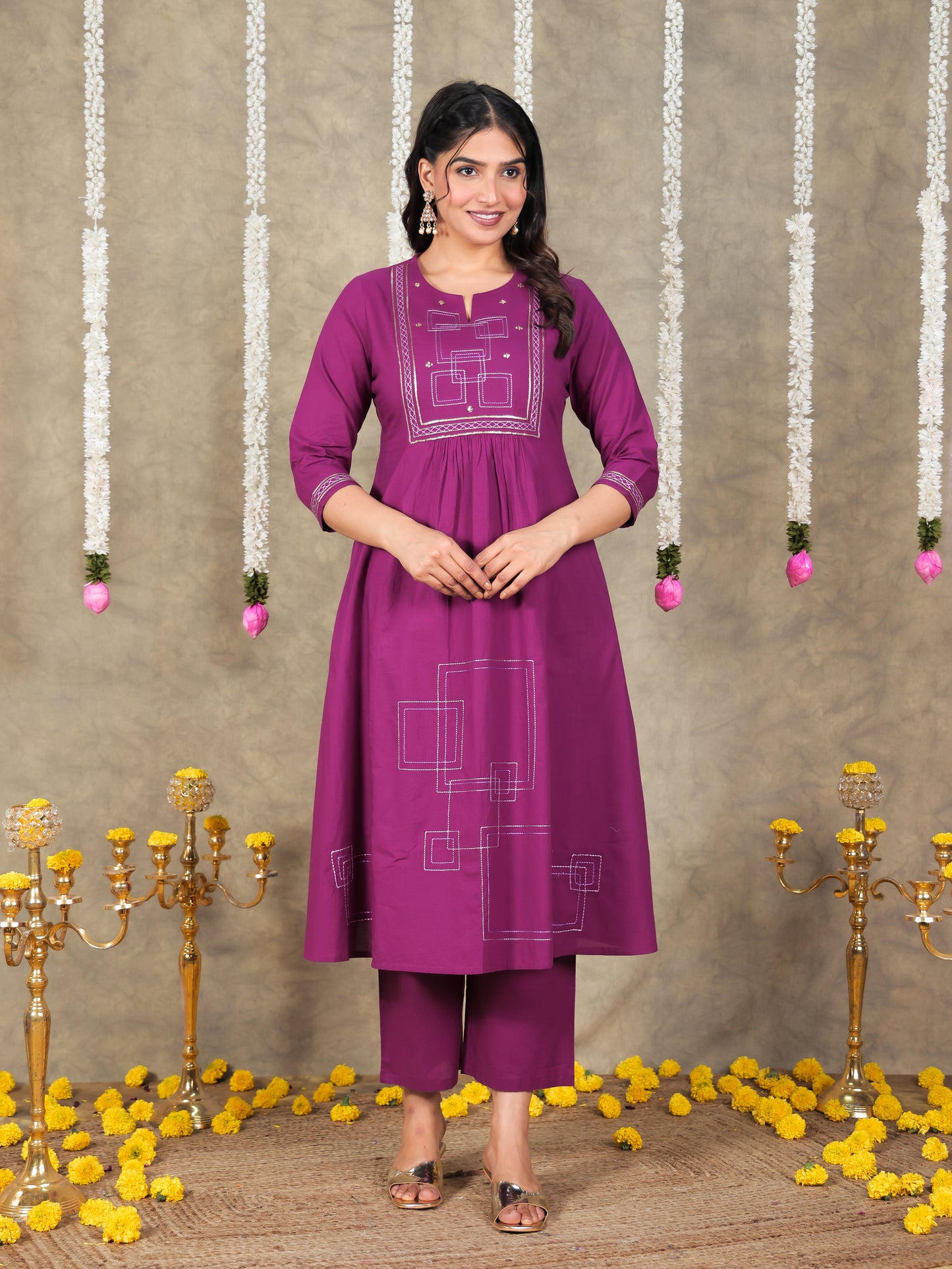 Embroidered Soft Cotton Solid Panelled Purple Kurta