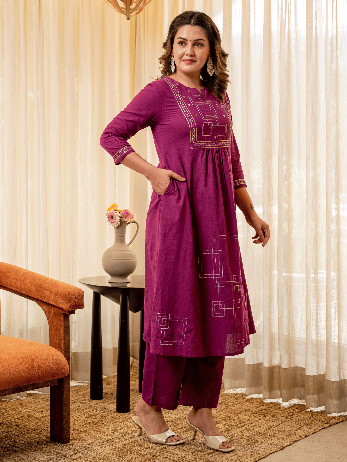 Embroidered Soft Cotton Solid Panelled Purple Kurta