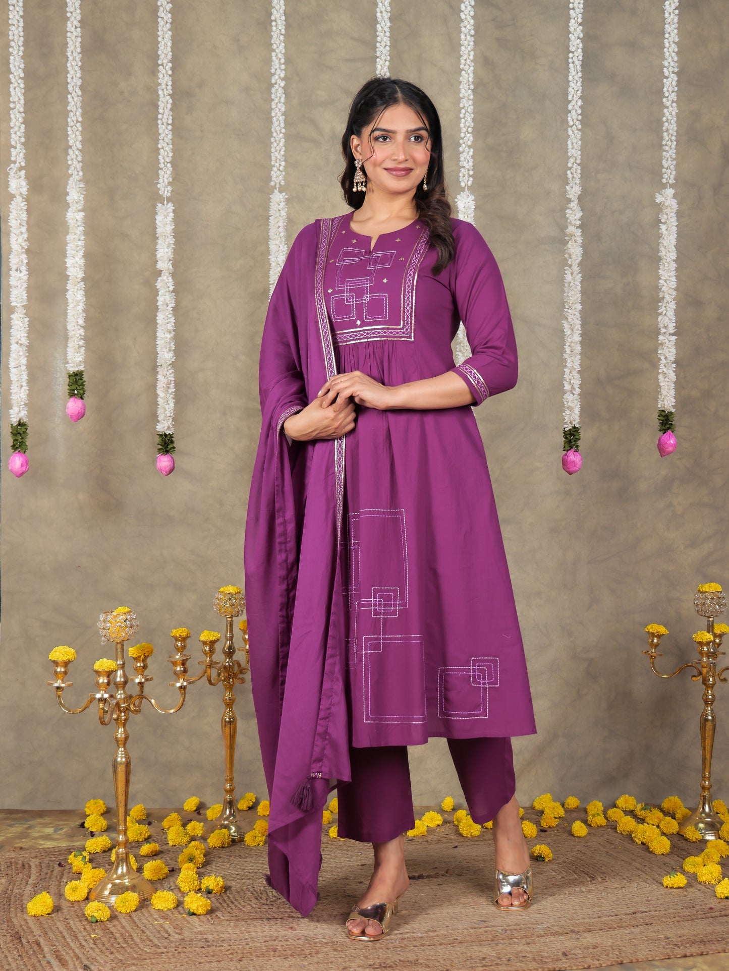 Embroidered Soft Cotton Solid Panelled Purple Kurta