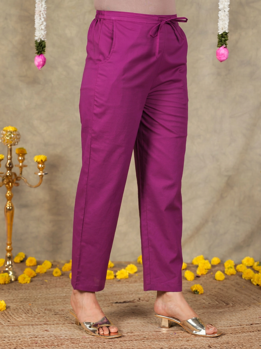 Soft Cotton Solid Purple Tapered Trousers