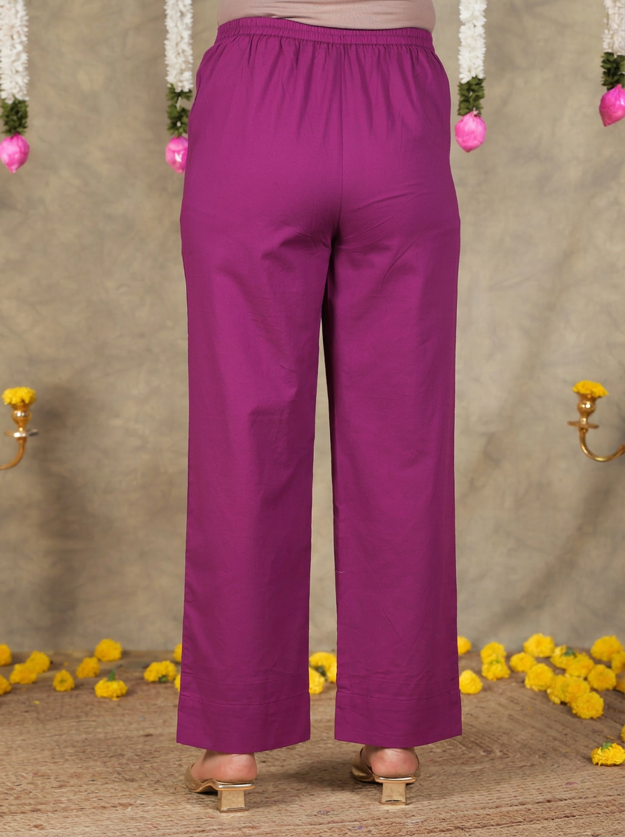 Soft Cotton Solid Purple Tapered Trousers