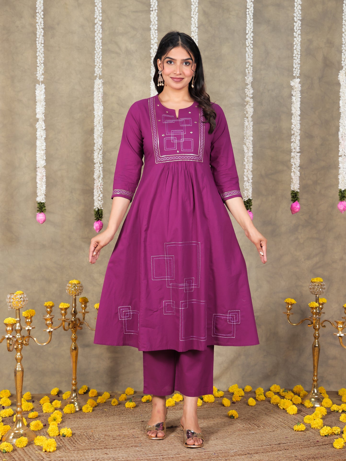 Embroidered Soft Cotton Solid Panelled Purple Kurta