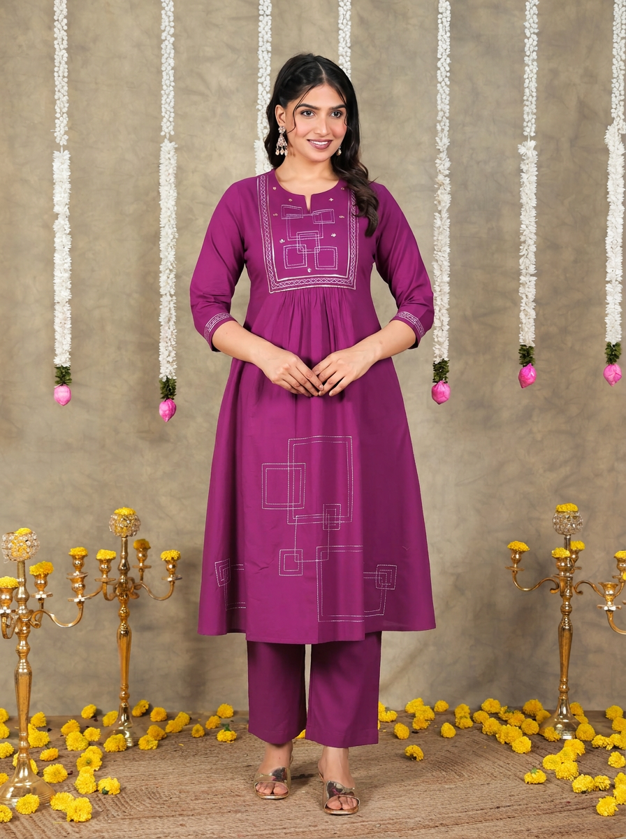 Embroidered Soft Cotton Solid Panelled Purple Kurta