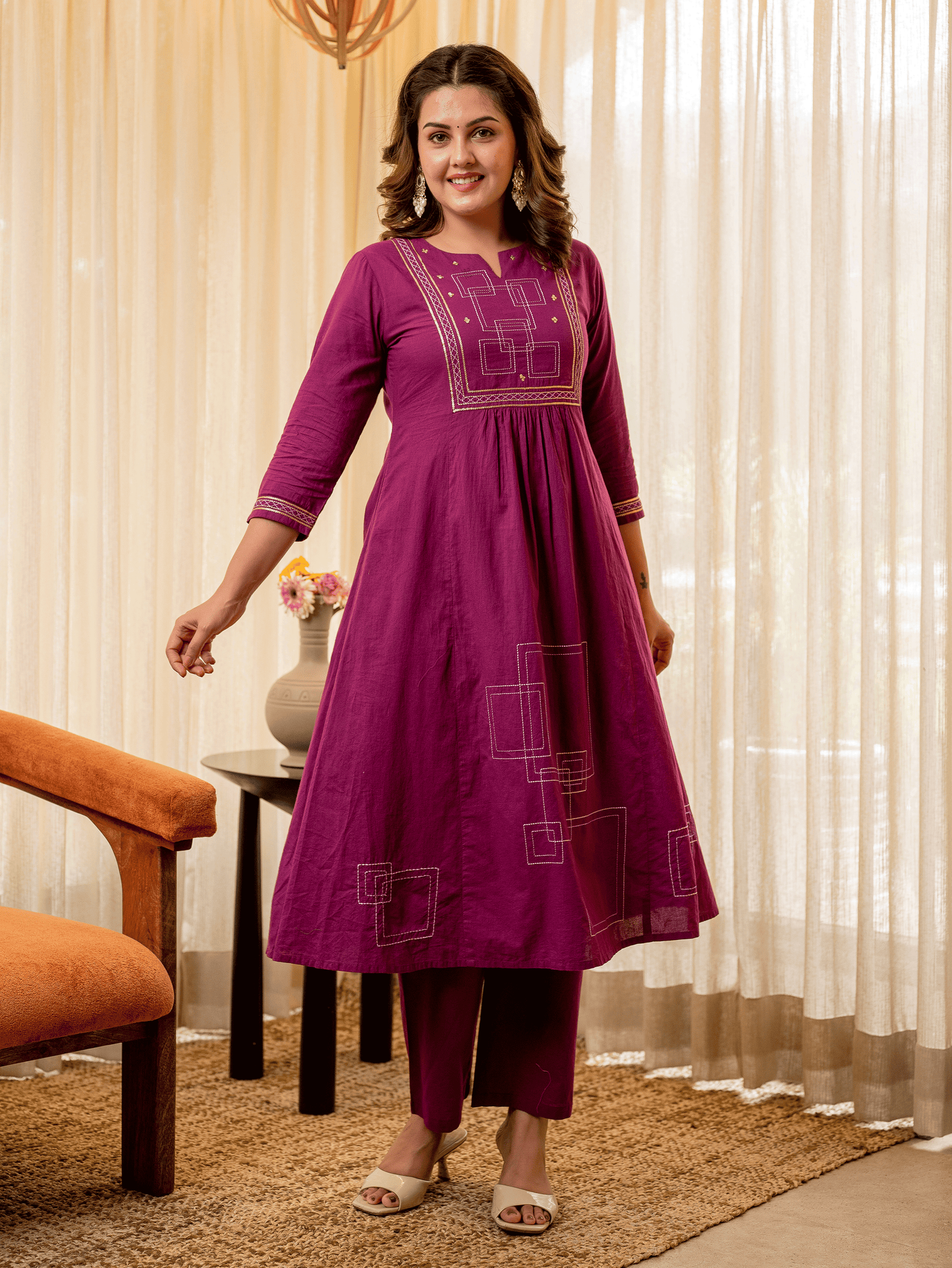 Embroidered Soft Cotton Solid Panelled Purple Kurta