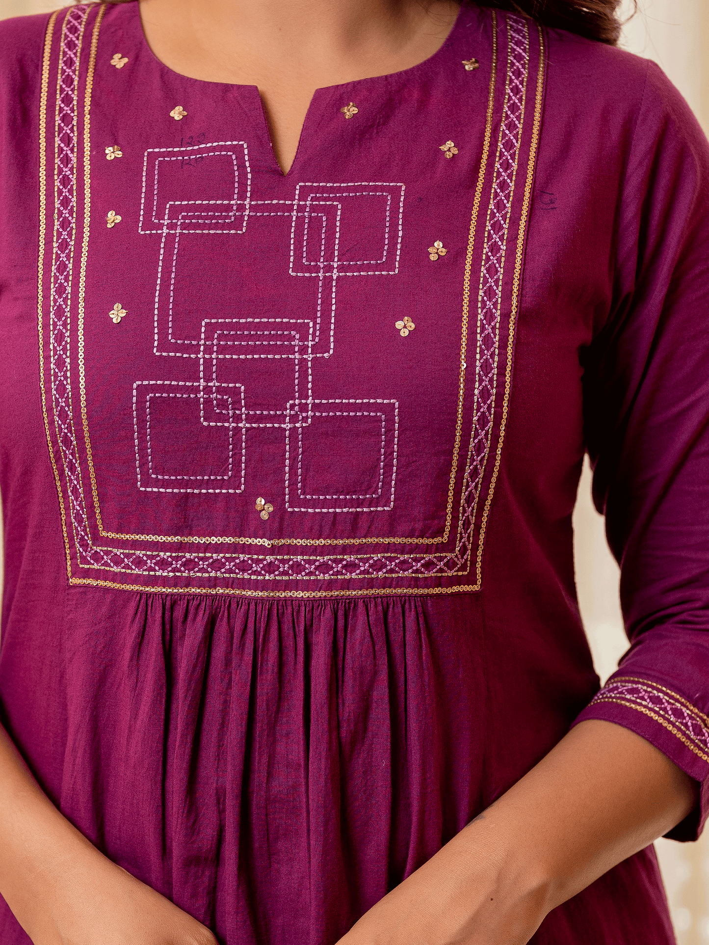 Embroidered Soft Cotton Solid Panelled Purple Kurta