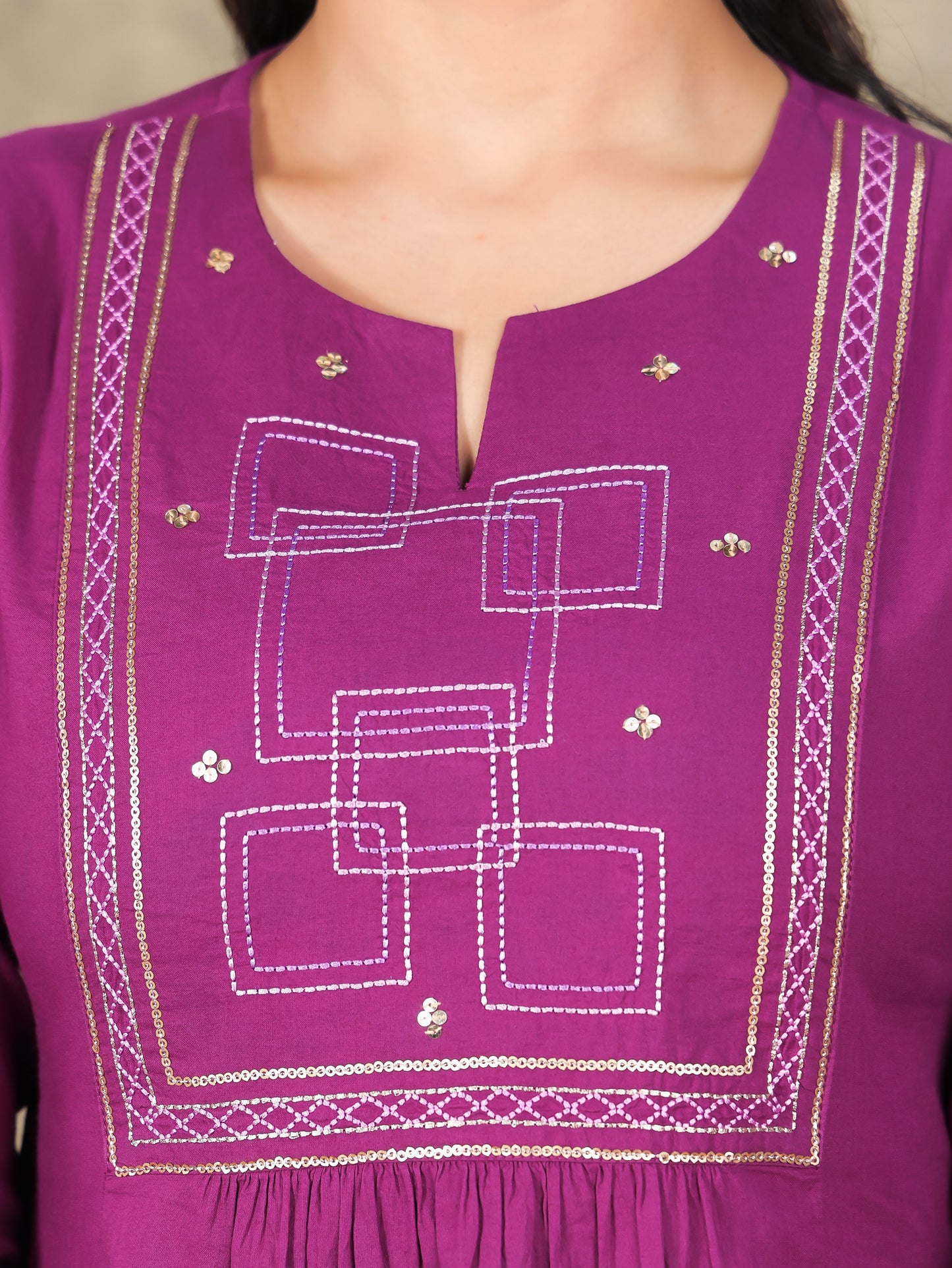 Embroidered Soft Cotton Solid Panelled Purple Kurta