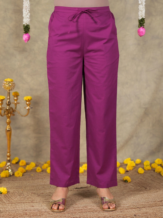 Soft Cotton Solid Purple Tapered Trousers