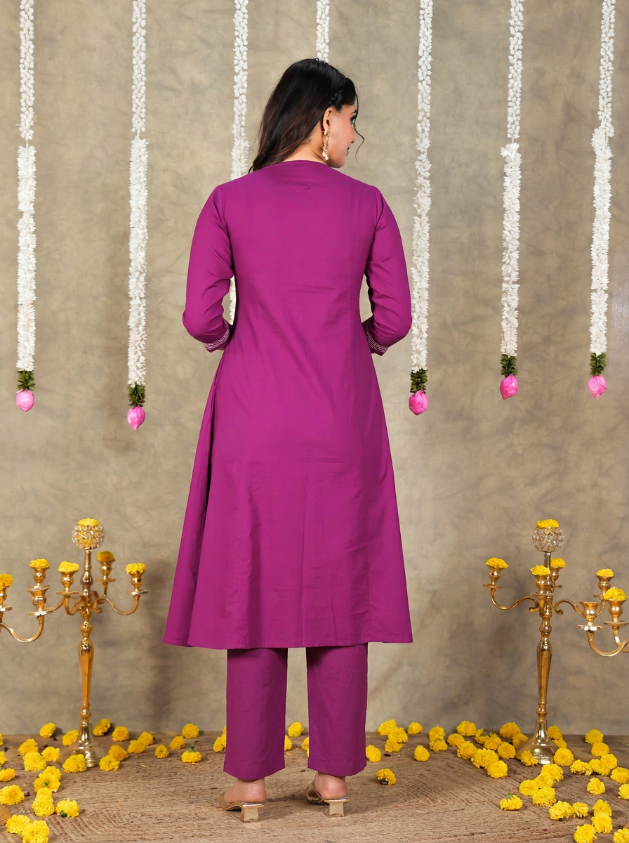 Embroidered Soft Cotton Solid Panelled Purple Kurta
