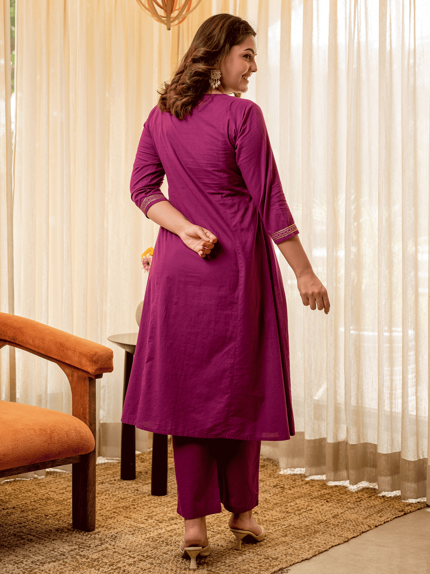 Embroidered Soft Cotton Solid Panelled Purple Kurta