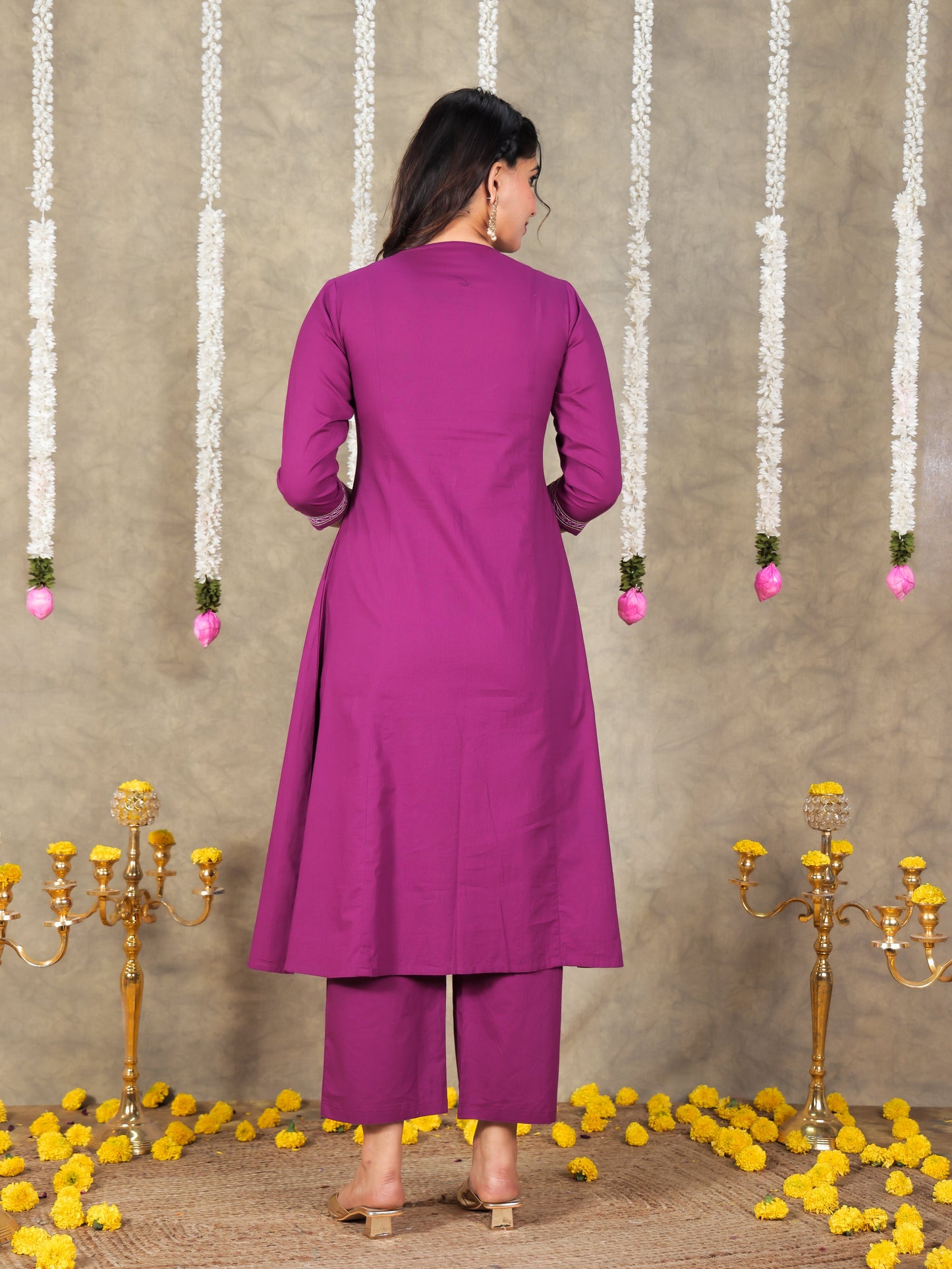 Embroidered Soft Cotton Solid Panelled Purple Kurta