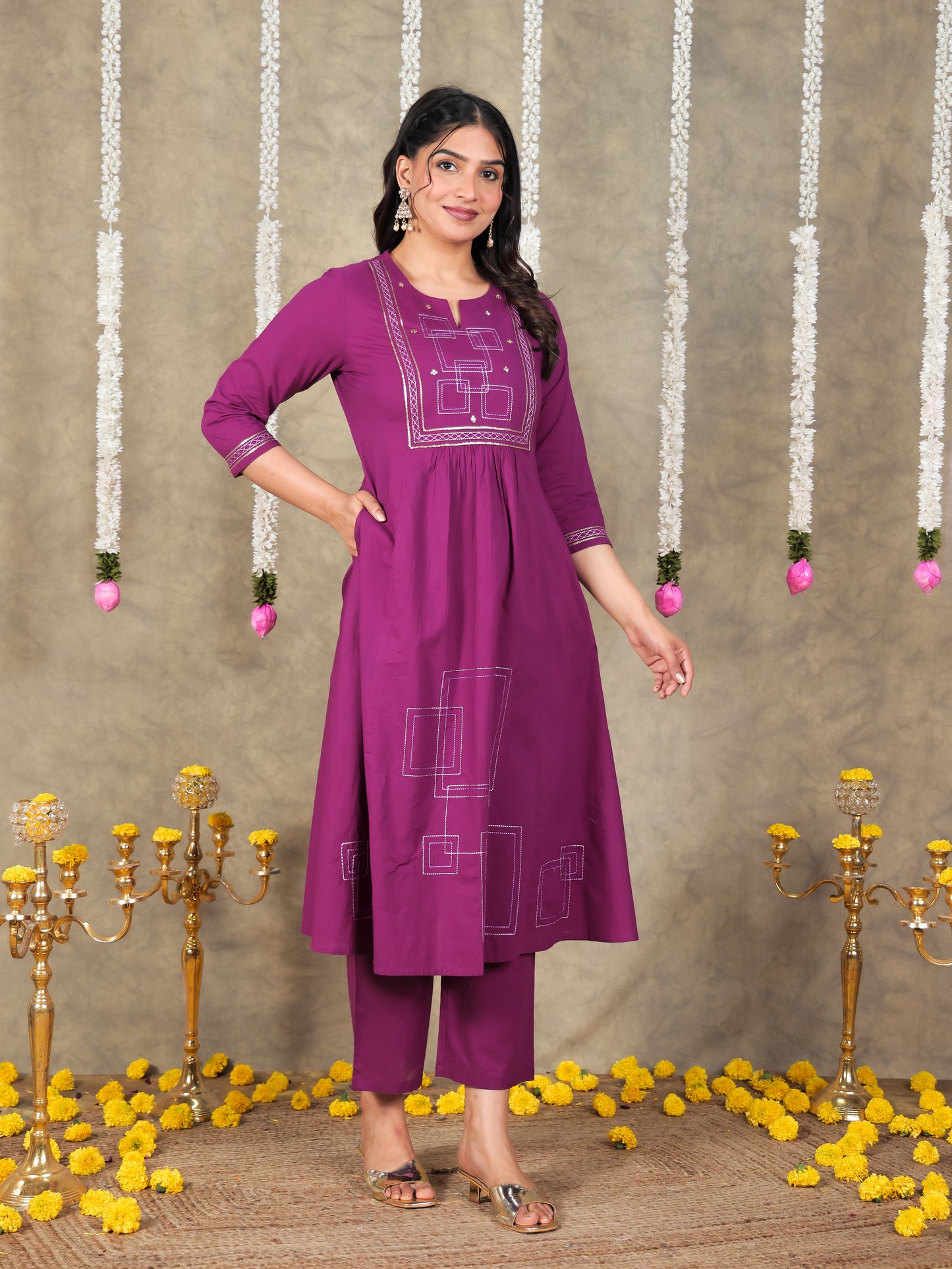 Embroidered Soft Cotton Solid Panelled Purple Kurta