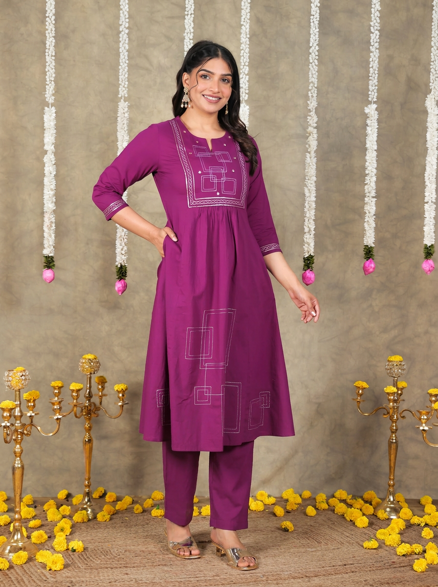 Embroidered Soft Cotton Solid Panelled Purple Kurta