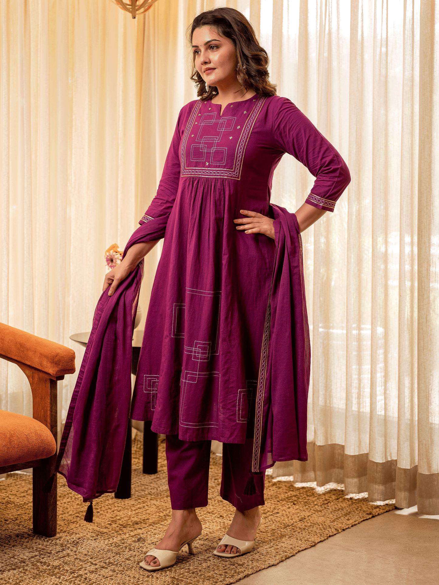 Embroidered Soft Cotton Solid Panelled Purple Kurta