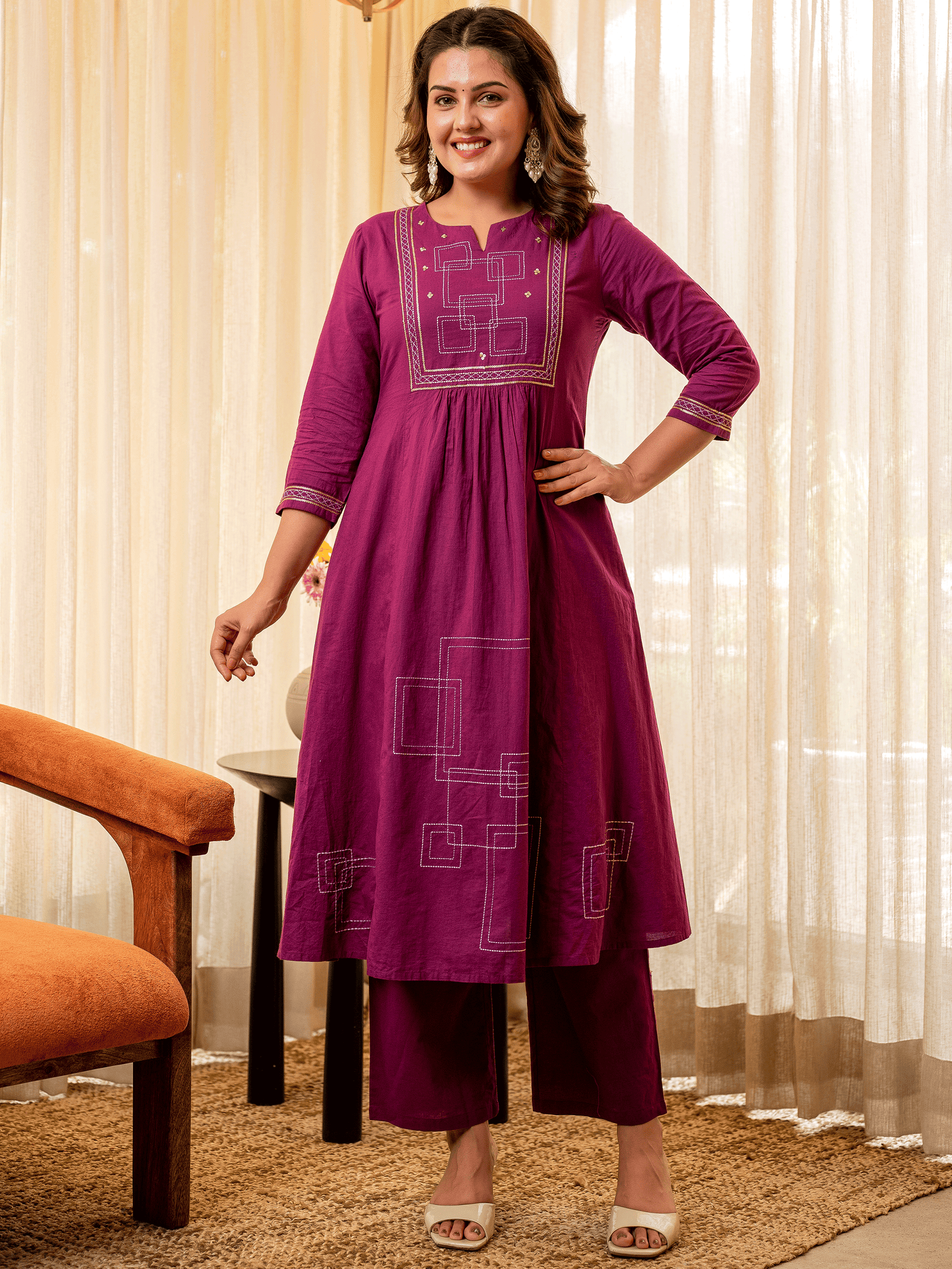 Embroidered Soft Cotton Solid Panelled Purple Kurta