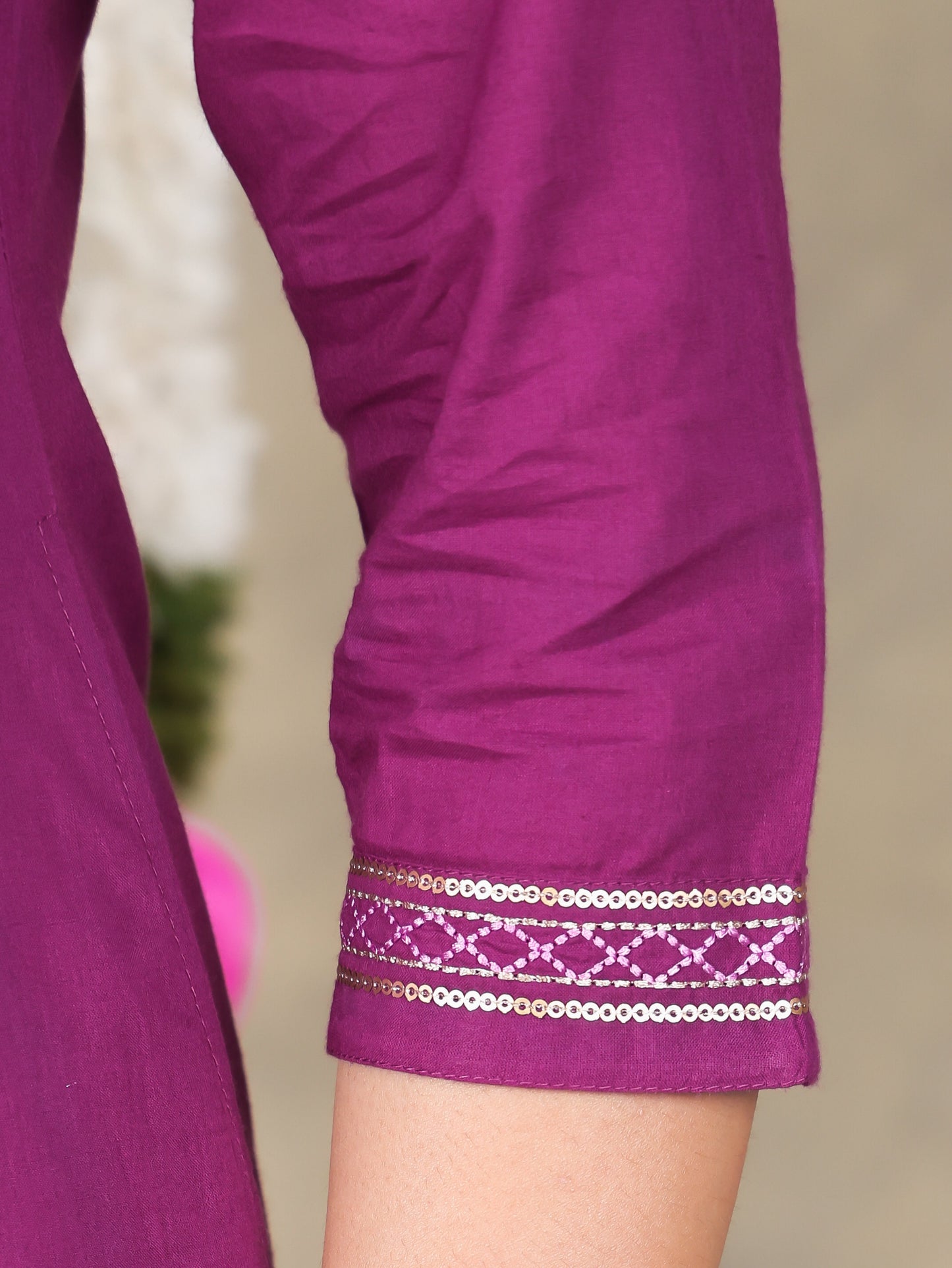 Embroidered Soft Cotton Solid Panelled Purple Kurta