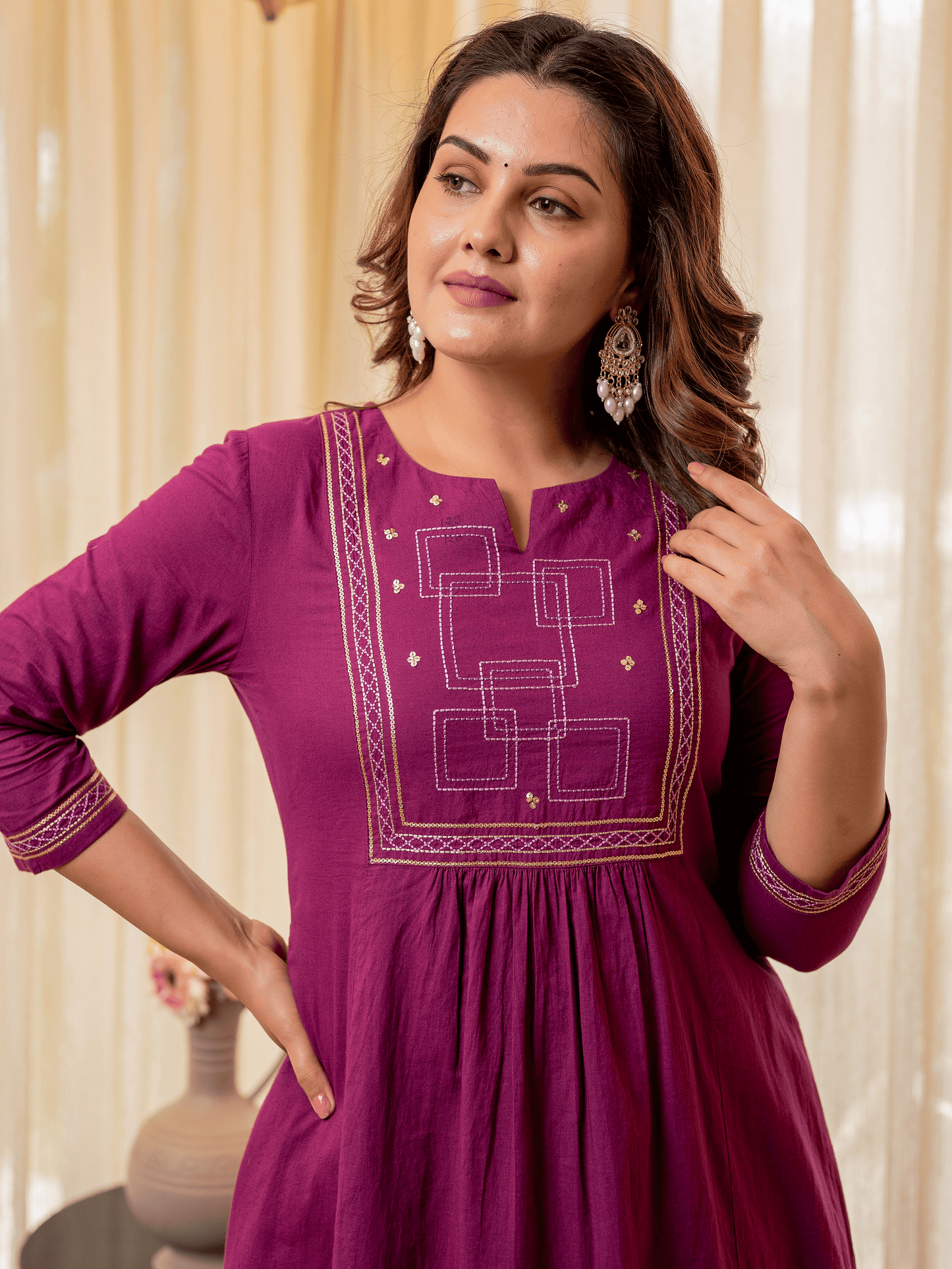 Embroidered Soft Cotton Solid Panelled Purple Kurta