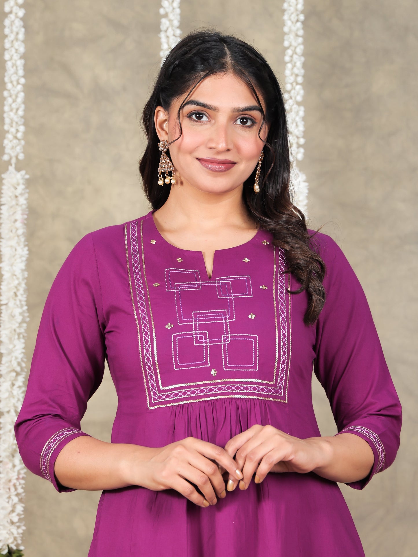 Embroidered Soft Cotton Solid Panelled Purple Kurta