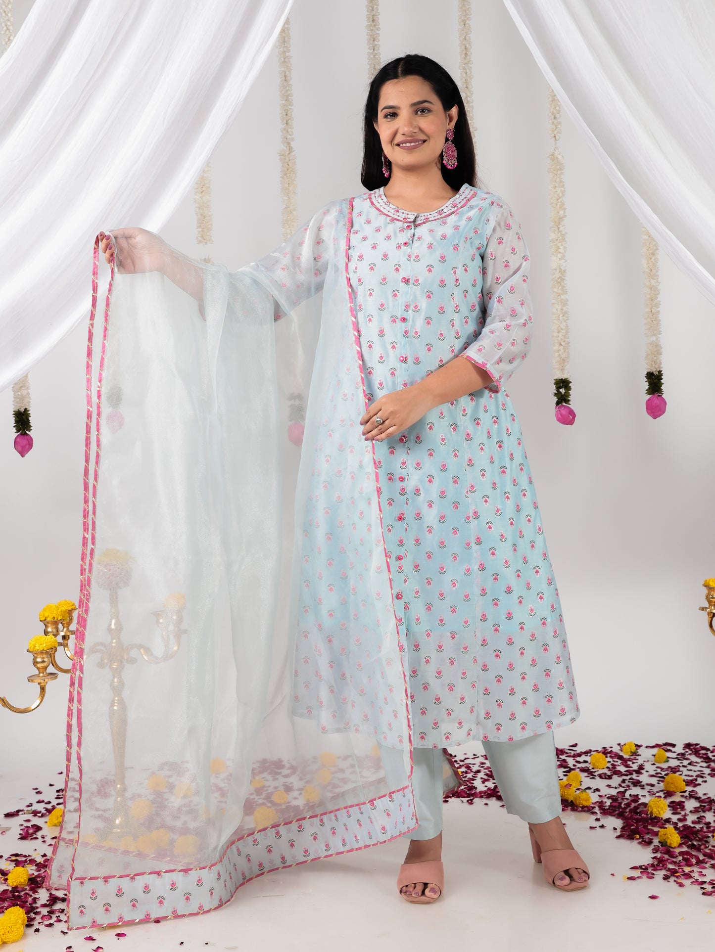 Organza Floral Solid Blue Dupatta