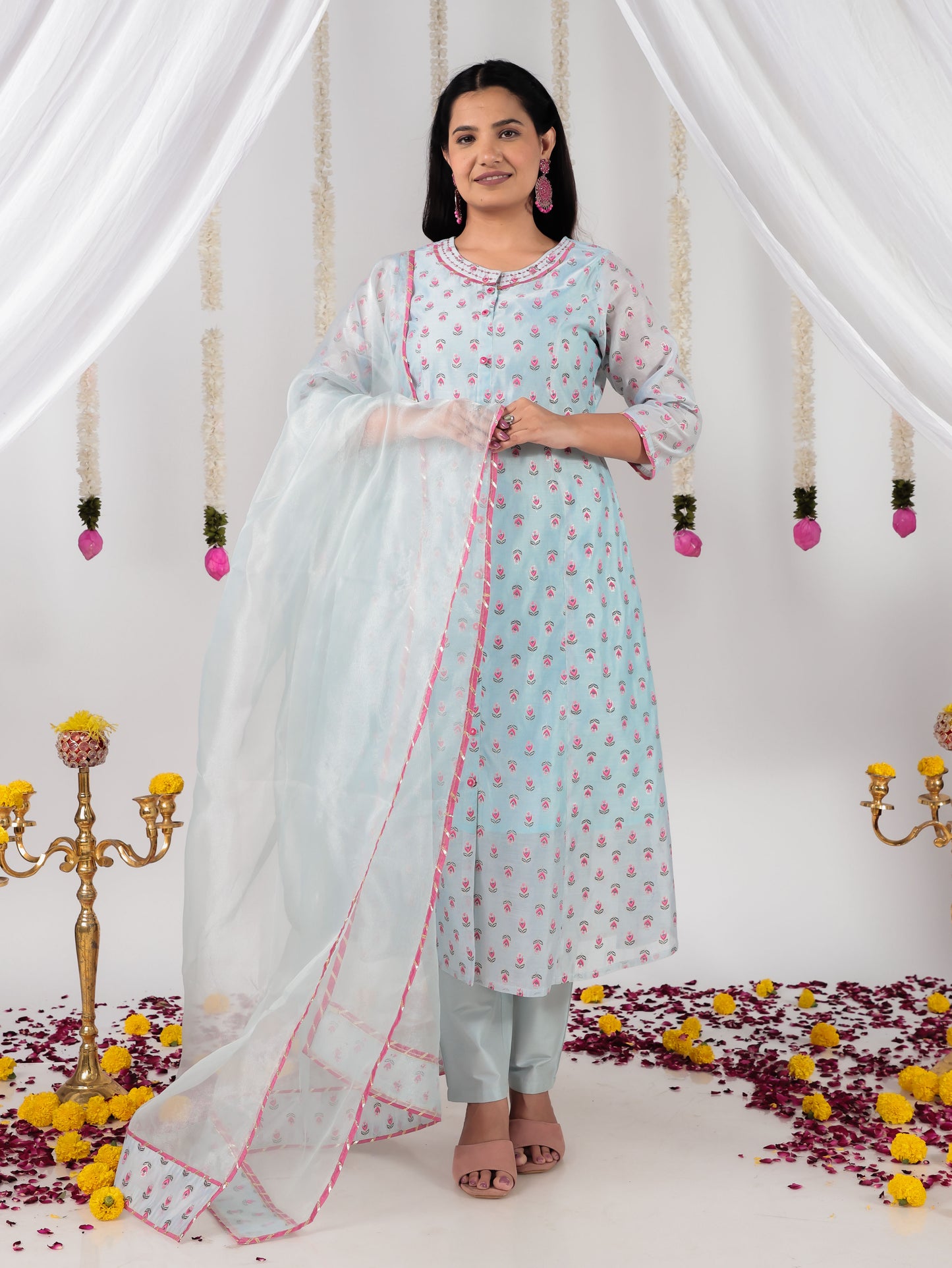 Organza Floral Solid Blue Dupatta